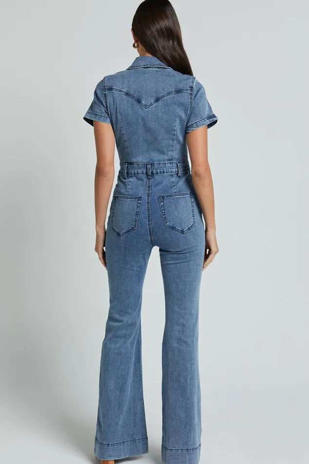 Silvena Jumpsuit 8211 Short Sleeve Flared Denim Jumpsuit In Blue Women Showpo Jumpsuits