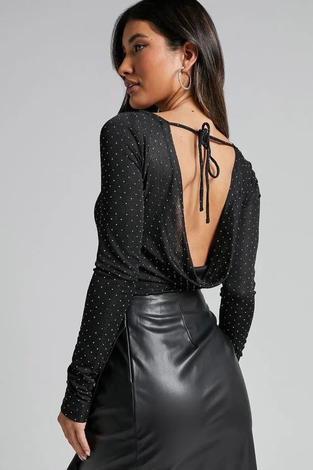 Skyler Top 8211 Long Sleeve Cowl Back In Black And Silver Women Showpo Tops