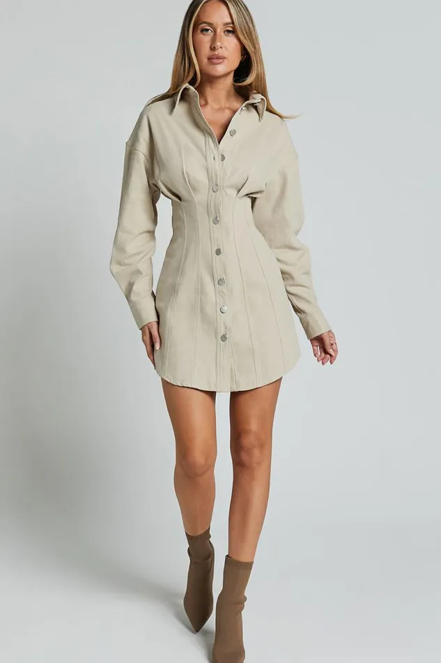 Sofia Mini Dress 8211 Button Through Long Sleeve Dress In Stone Women Showpo Conscious