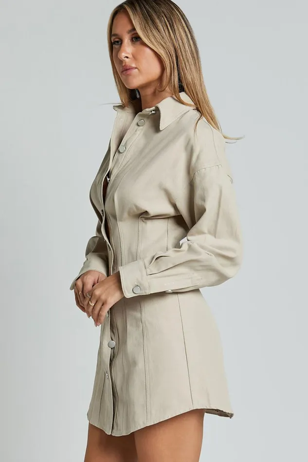 Sofia Mini Dress 8211 Button Through Long Sleeve Dress In Stone Women Showpo Conscious