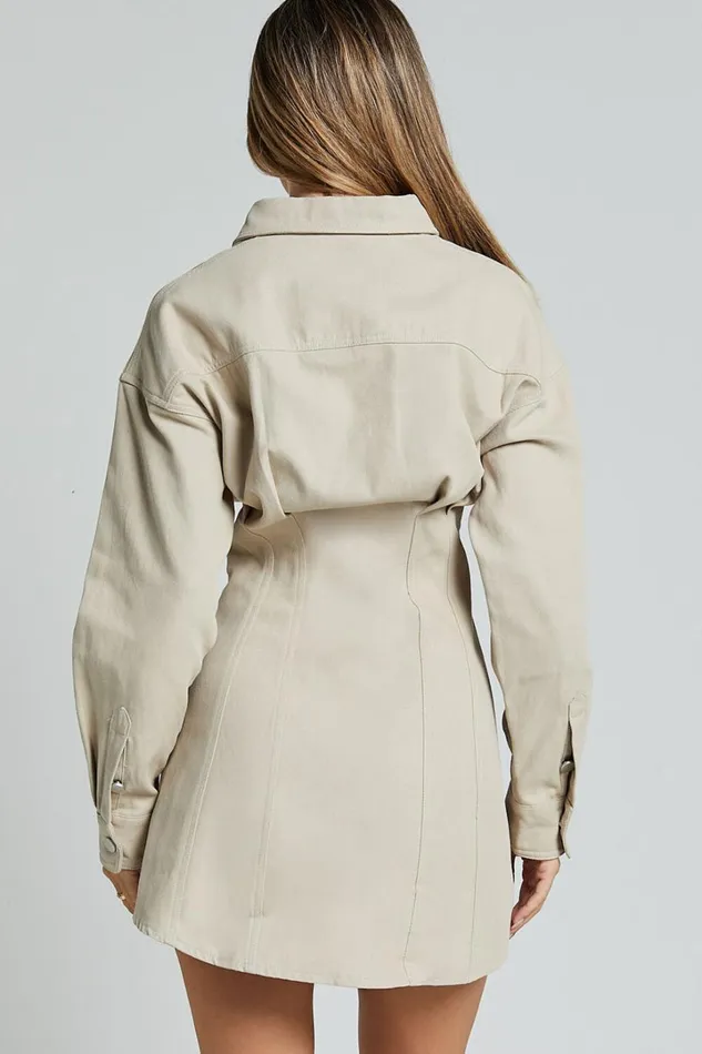 Sofia Mini Dress 8211 Button Through Long Sleeve Dress In Stone Women Showpo Conscious