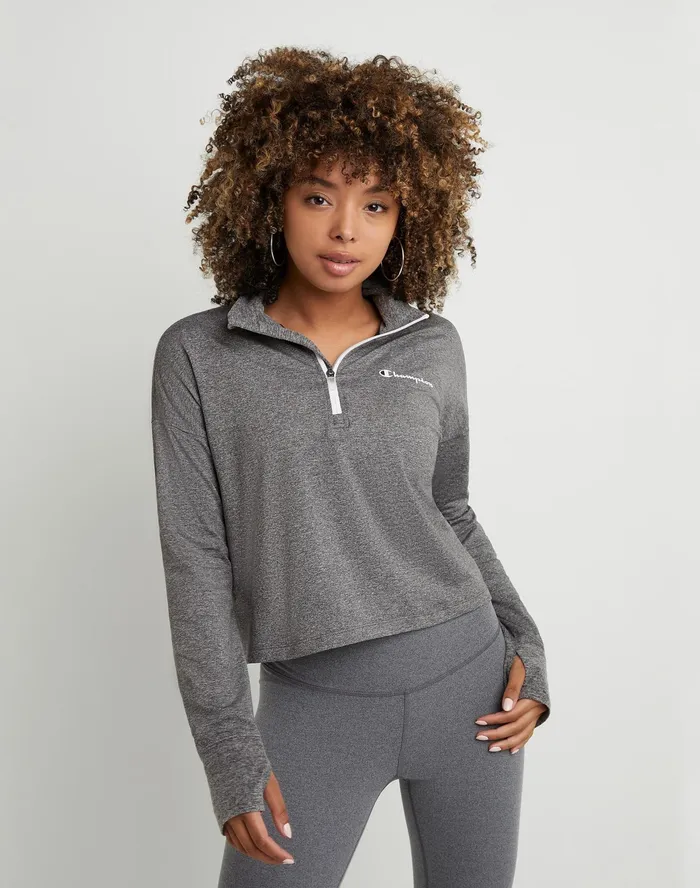 Soft Touch Zip Top Classic Script Ebony Heather Women Champion TShirts and Tops