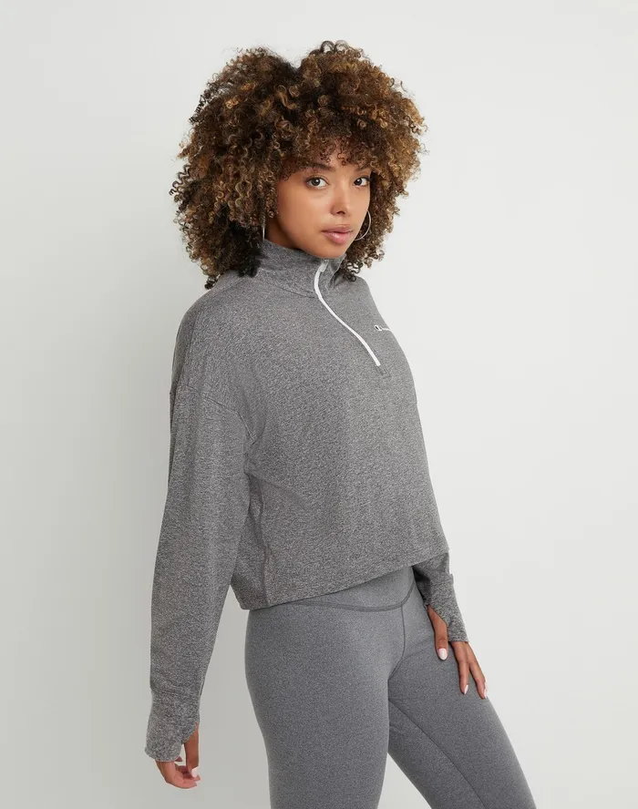 Soft Touch Zip Top Classic Script Ebony Heather Women Champion TShirts and Tops