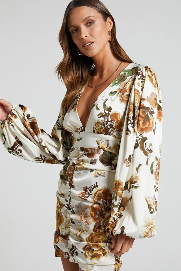 Soleil Mini Dress 8211 Long Sleeve Plunge Ruched Dress In Cream Women Showpo Dresses