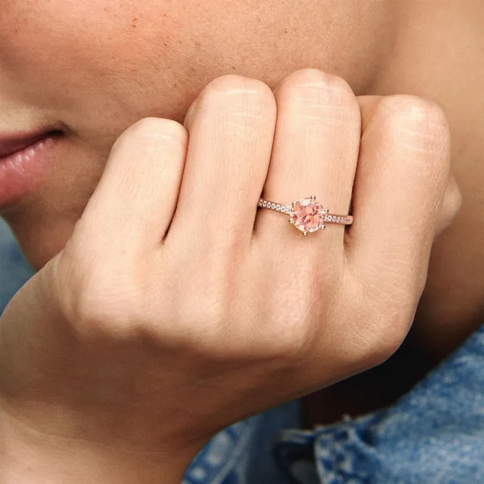 Stackable Rings Women Pandora Pink Sparkling Crown Solitaire Ring