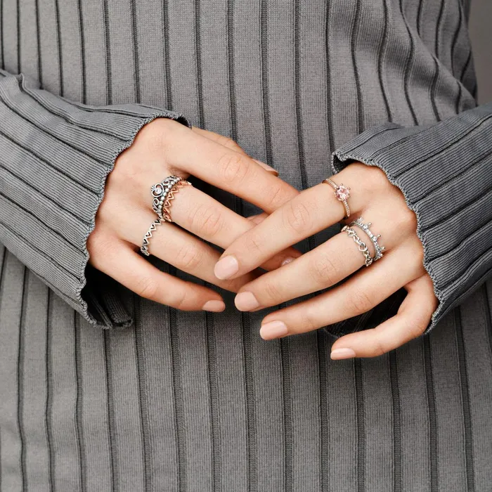 Stackable Rings Women Pandora Pink Sparkling Crown Solitaire Ring