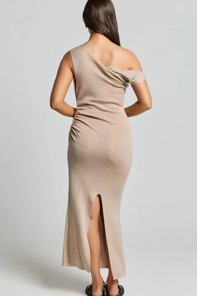 Stefanie Midi Dress 8211 Off The Shoulder Bodycon Knit Midi Dress In Beige Women Showpo Dresses