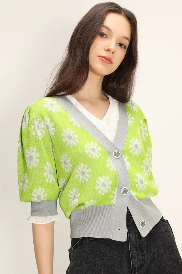 Storets Kathleen Floral Puffed Cardigan Women Sweaters and Knitwears