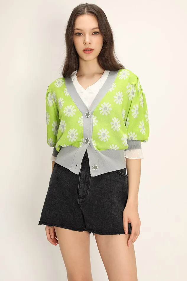 Storets Kathleen Floral Puffed Cardigan Women Sweaters and Knitwears