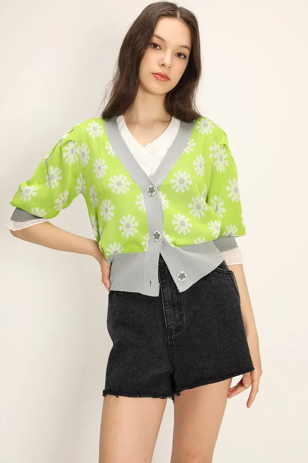 Storets Kathleen Floral Puffed Cardigan Women Sweaters and Knitwears