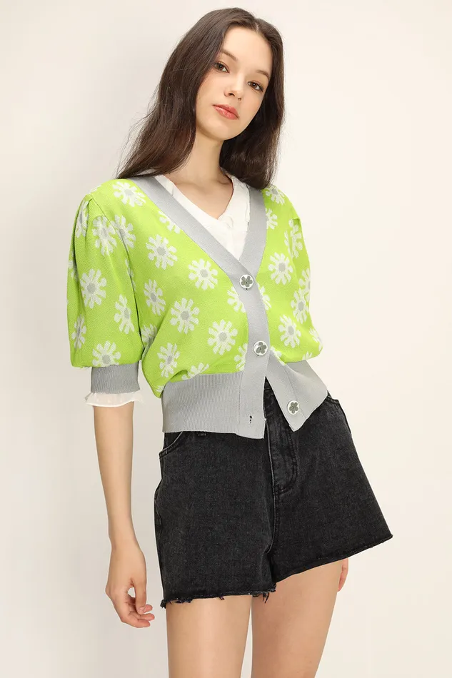 Storets Kathleen Floral Puffed Cardigan Women Sweaters and Knitwears