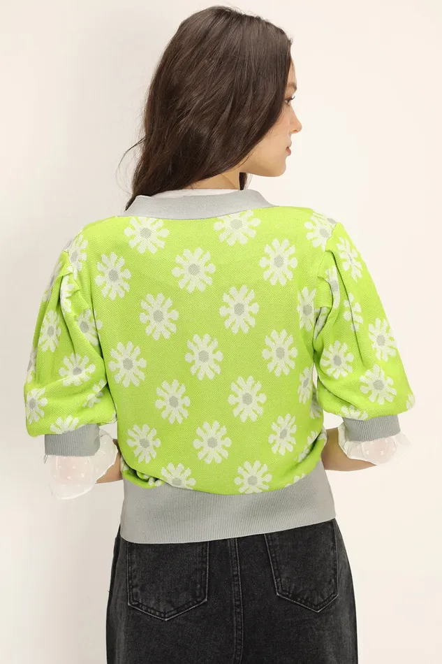 Storets Kathleen Floral Puffed Cardigan Women Sweaters and Knitwears