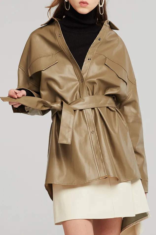 Storets Louise Oversized Pleather Shirt WBelt Women Jackets and Coats