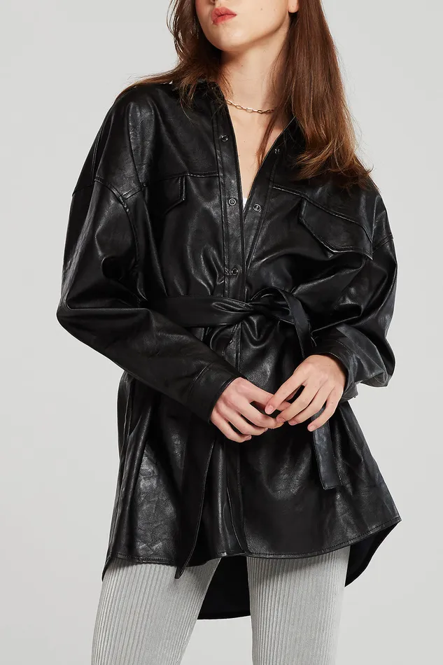 Storets Louise Oversized Pleather Shirt WBelt Women Jackets and Coats