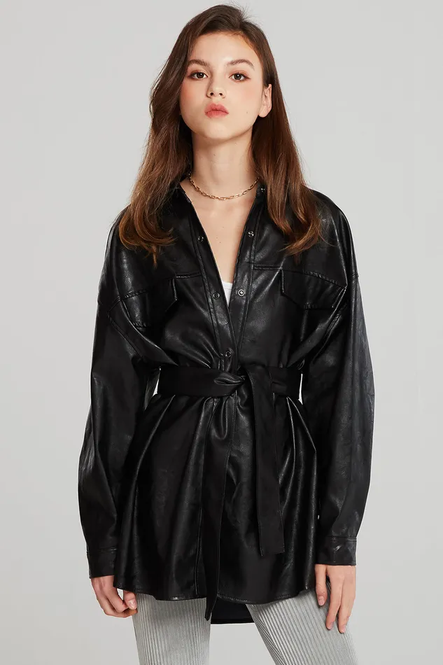 Storets Louise Oversized Pleather Shirt WBelt Women Jackets and Coats