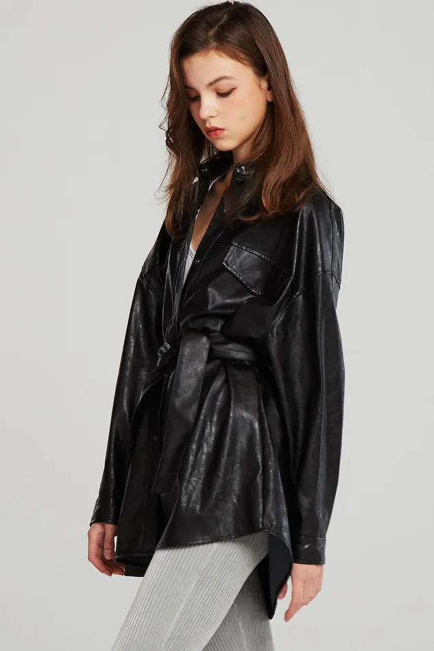 Storets Louise Oversized Pleather Shirt WBelt Women Jackets and Coats
