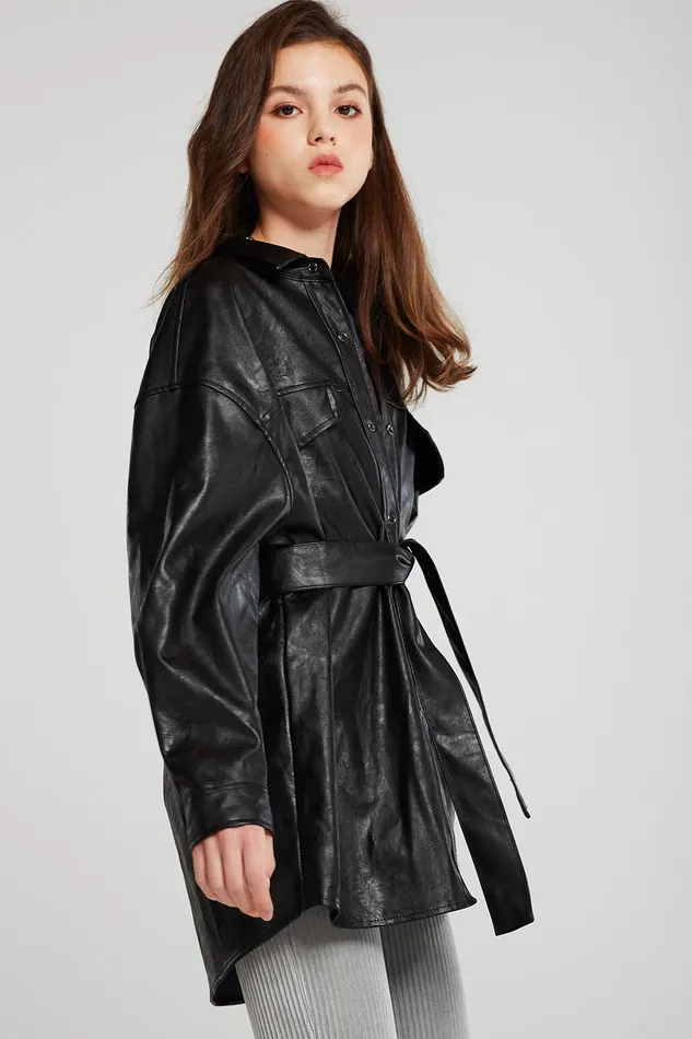 Storets Louise Oversized Pleather Shirt WBelt Women Jackets and Coats
