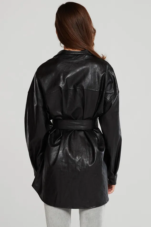 Storets Louise Oversized Pleather Shirt WBelt Women Jackets and Coats