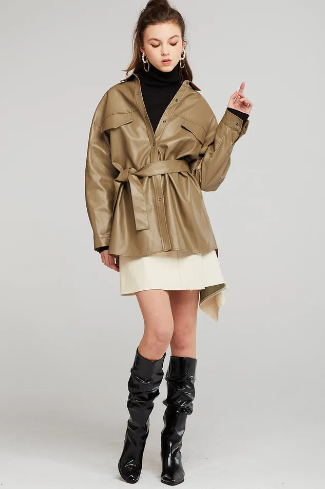 Storets Louise Oversized Pleather Shirt WBelt Women Jackets and Coats