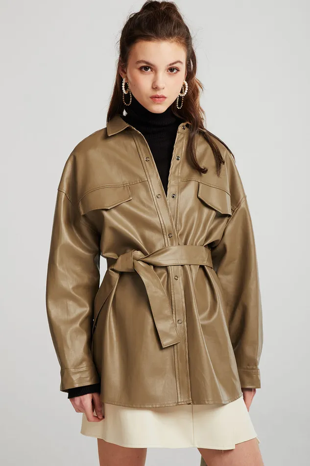 Storets Louise Oversized Pleather Shirt WBelt Women Jackets and Coats