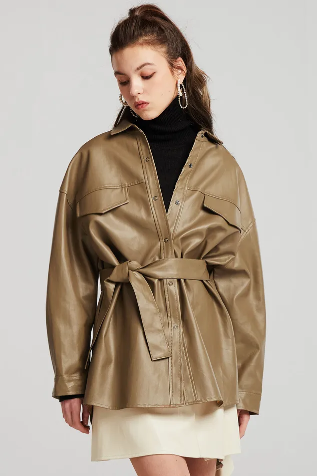 Storets Louise Oversized Pleather Shirt WBelt Women Jackets and Coats