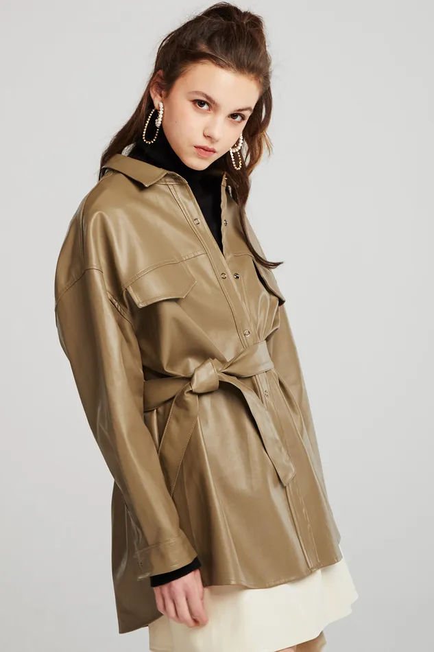 Storets Louise Oversized Pleather Shirt WBelt Women Jackets and Coats