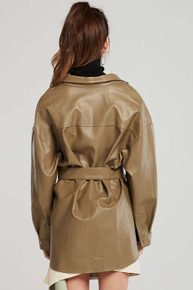 Storets Louise Oversized Pleather Shirt WBelt Women Jackets and Coats