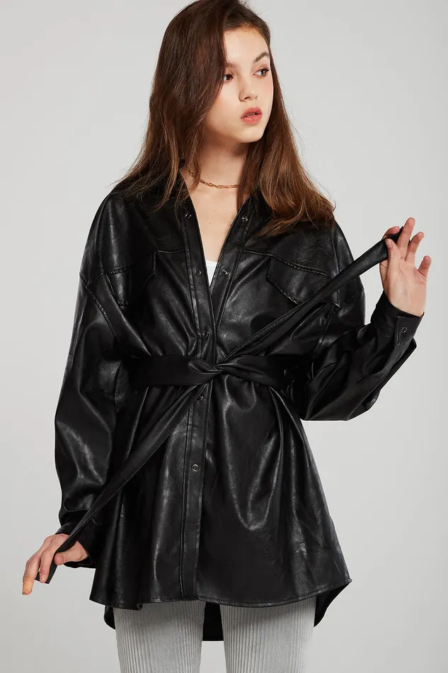 Storets Louise Oversized Pleather Shirt WBelt Women Jackets and Coats