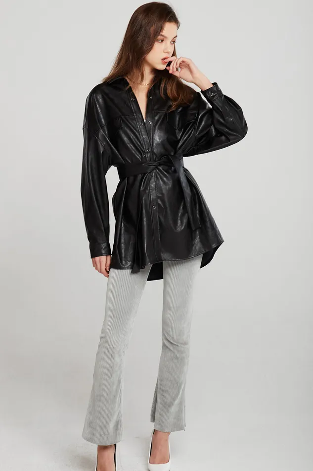 Storets Louise Oversized Pleather Shirt WBelt Women Jackets and Coats