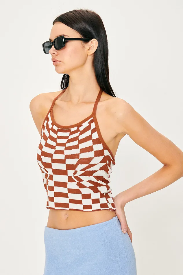 Storets Skyler Checkerboard Halter Top Women Tops