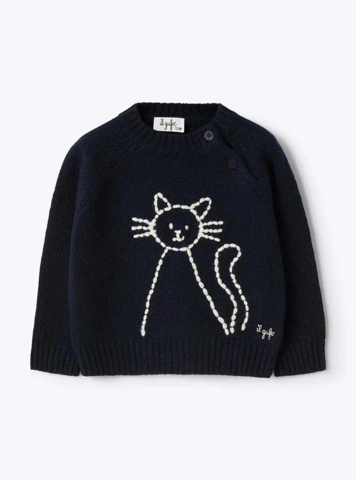Sweatshirts And Sweaters Baby 036 Il Gufo Wool Sweater With Cat Embroidery