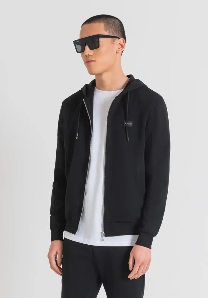Sweatshirts Men Antony Morato Slim Fit Sweatshirt In Cotton Blend Fabric With Metal Logo Plaque With Rubber Base Black Sweatshirts Men Antony Morato Slim Fit Sweatshirt In Cotton Blend Fabric With Metal Logo Plaque With Rubber Base Black