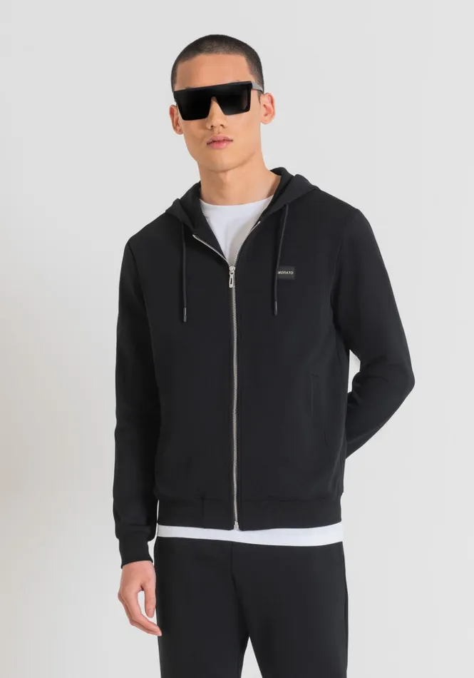 Sweatshirts Men Antony Morato Slim Fit Sweatshirt In Cotton Blend Fabric With Metal Logo Plaque With Rubber Base Black
