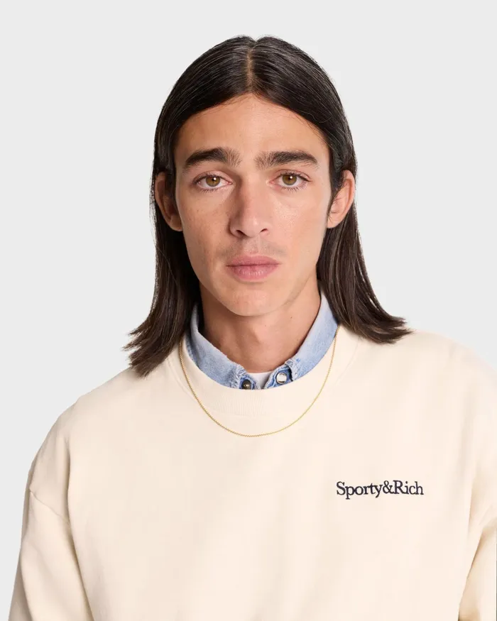 Sweatshirts Men Sporty and Rich Serif Logo Crewneck 8211 CreamNavy
