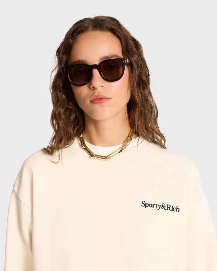Sweatshirts Men Sporty and Rich Serif Logo Crewneck 8211 CreamNavy