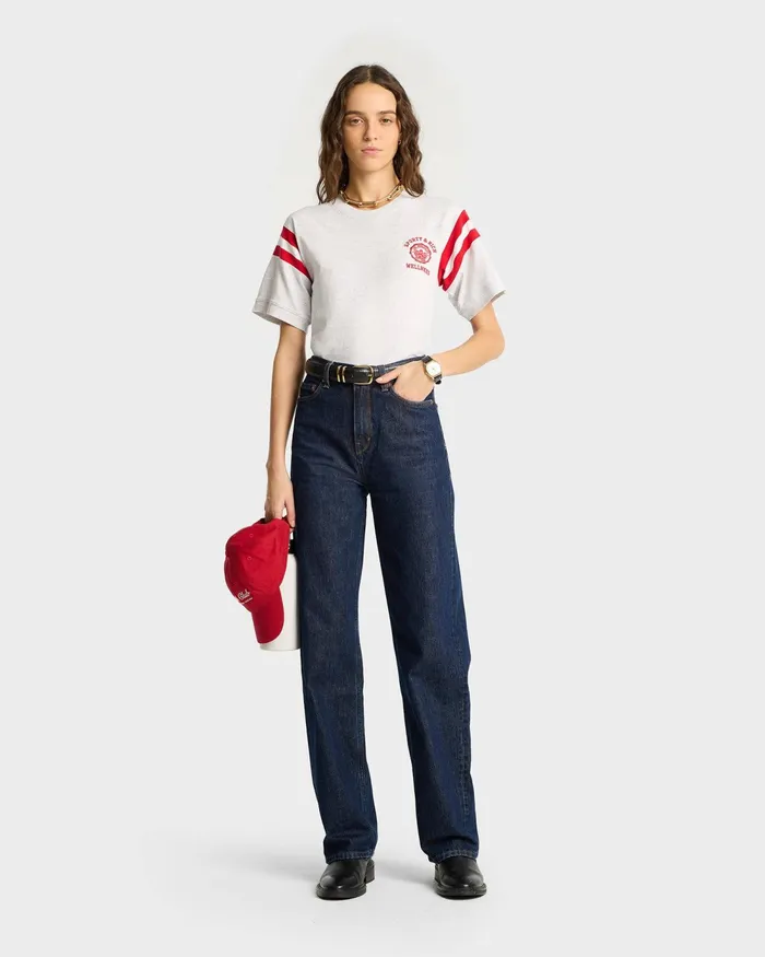 TShirts and Tops Women Sporty and Rich Emblem Rugby Tee 8211 Heather GraySports Red