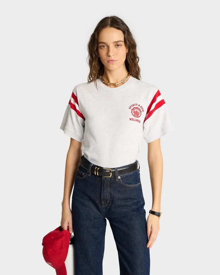 TShirts and Tops Women Sporty and Rich Emblem Rugby Tee 8211 Heather GraySports Red