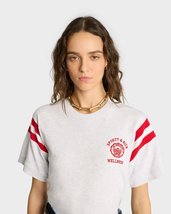 TShirts and Tops Women Sporty and Rich Emblem Rugby Tee 8211 Heather GraySports Red