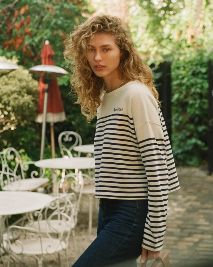TShirts and Tops Women Sporty and Rich Serif Logo Mariniere Sweater 8211 Off WhiteNavy Stripe