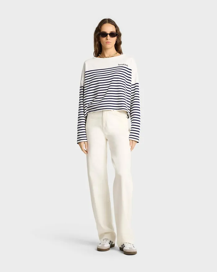 TShirts and Tops Women Sporty and Rich Serif Logo Mariniere Sweater 8211 Off WhiteNavy Stripe