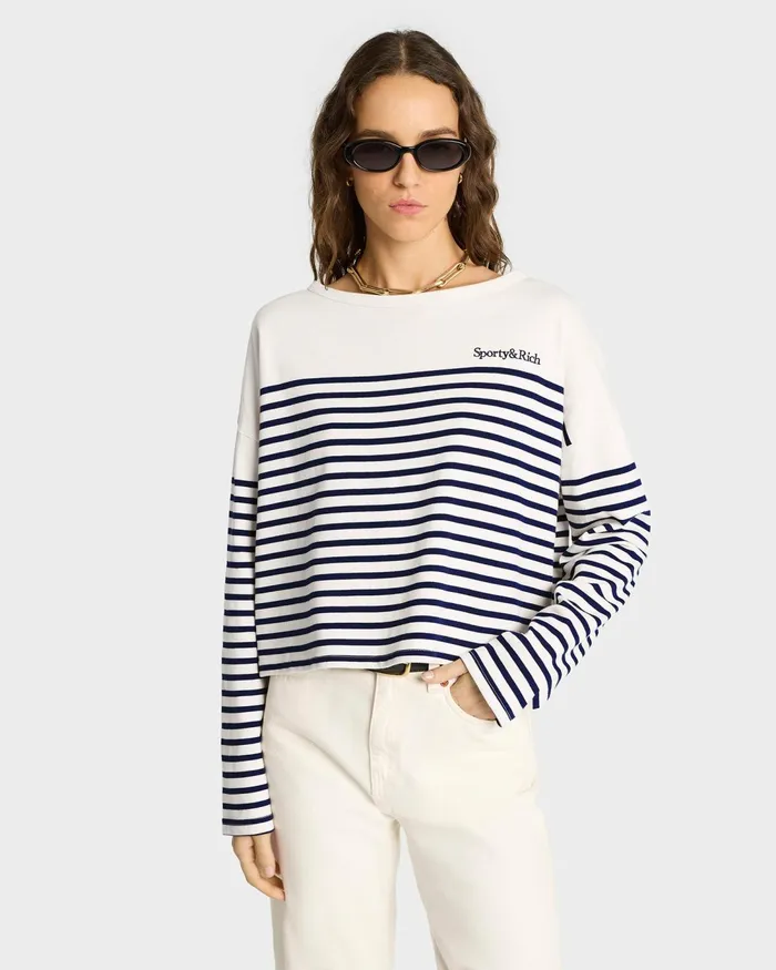 TShirts and Tops Women Sporty and Rich Serif Logo Mariniere Sweater 8211 Off WhiteNavy Stripe