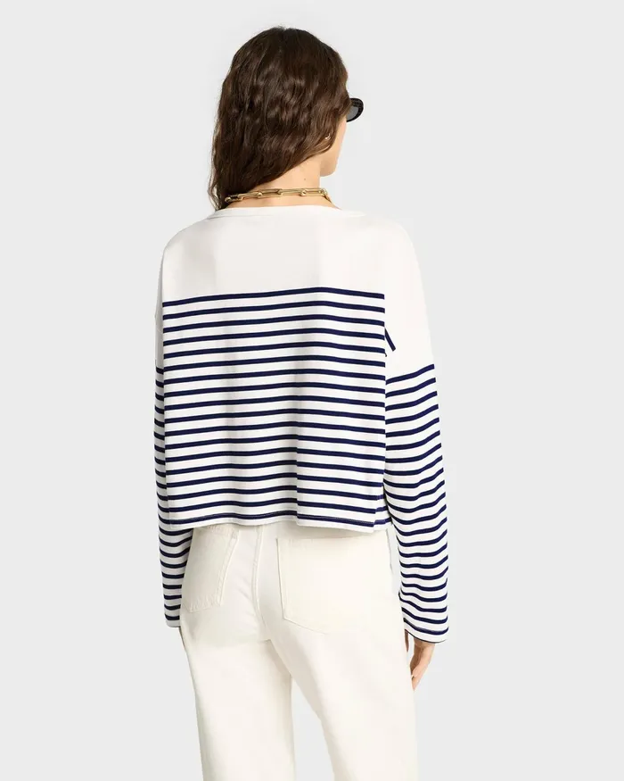 TShirts and Tops Women Sporty and Rich Serif Logo Mariniere Sweater 8211 Off WhiteNavy Stripe