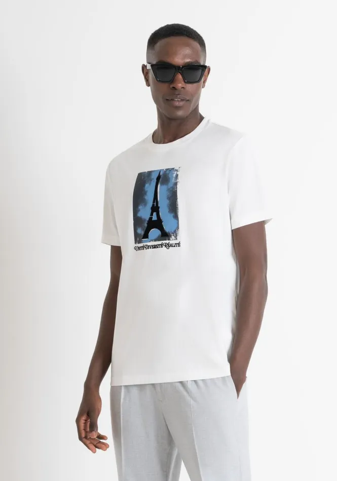 TShirts And Polo Men Antony Morato Regular Fit TShirt In Cotton Jersey With Paris Print Cream TShirts And Polo Men Antony Morato Regular Fit TShirt In Cotton Jersey With Paris Print Cream