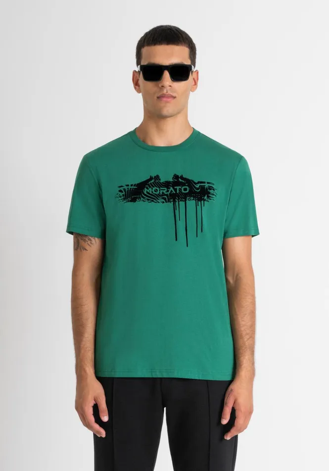 TShirts And Polo Men Antony Morato Slim Fit TShirt In Green Cotton Jersey With Street Logo Flag Green TShirts And Polo Men Antony Morato Slim Fit TShirt In Green Cotton Jersey With Street Logo Flag Green