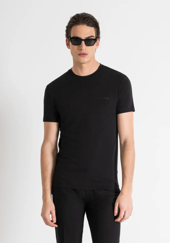 TShirts And Polo Men Antony Morato Super Slim Fit TShirt In Stretch Cotton With Logo Print Black