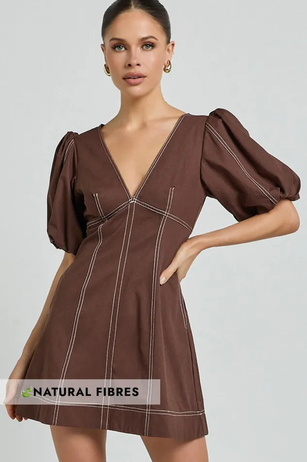 Tallie Mini Dress 8211 Linen Look Puff Sleeve A Line Dress In Chocolate Women Showpo Conscious