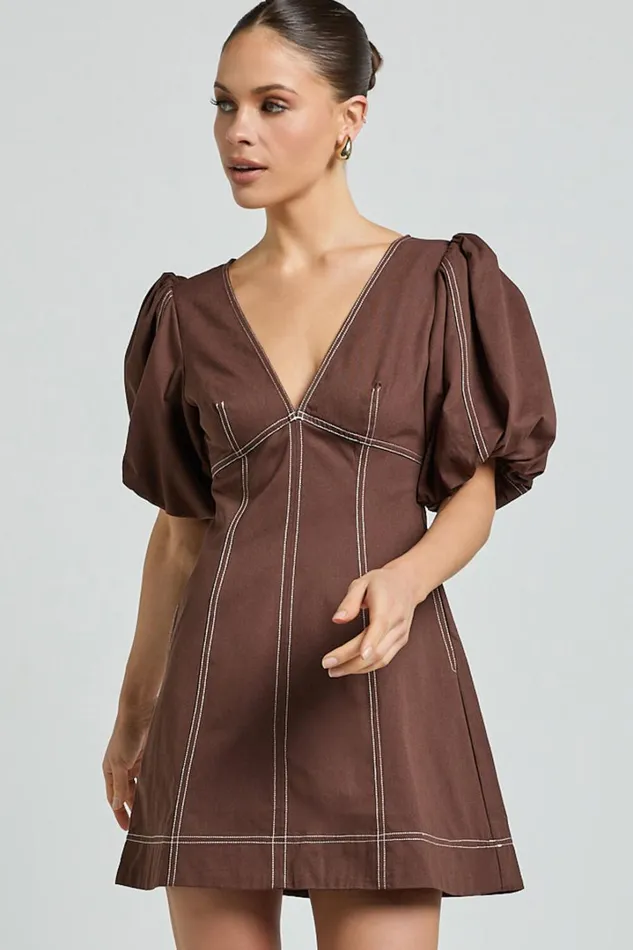 Tallie Mini Dress 8211 Linen Look Puff Sleeve A Line Dress In Chocolate Women Showpo Conscious