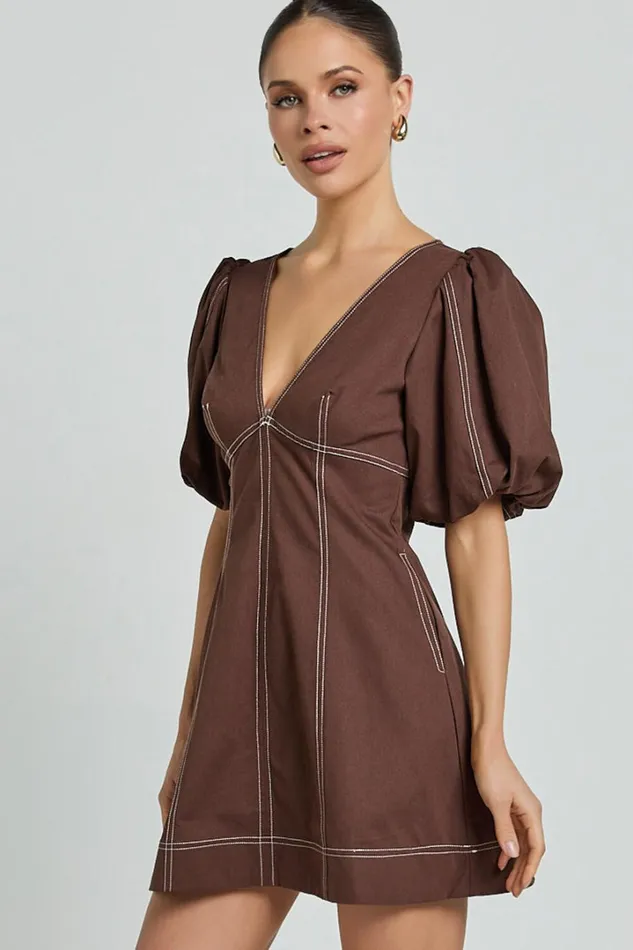 Tallie Mini Dress 8211 Linen Look Puff Sleeve A Line Dress In Chocolate Women Showpo Conscious