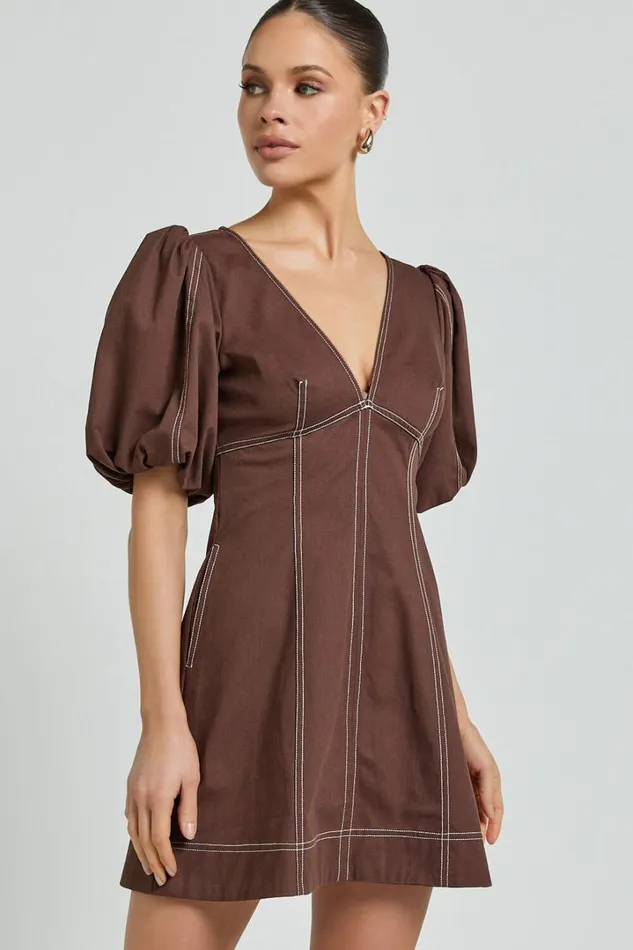 Tallie Mini Dress 8211 Linen Look Puff Sleeve A Line Dress In Chocolate Women Showpo Conscious