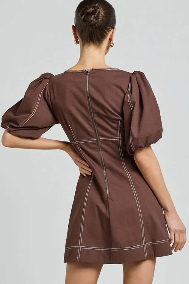 Tallie Mini Dress 8211 Linen Look Puff Sleeve A Line Dress In Chocolate Women Showpo Conscious